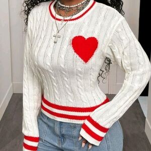 White Cable Knit Sweater with Red Heart